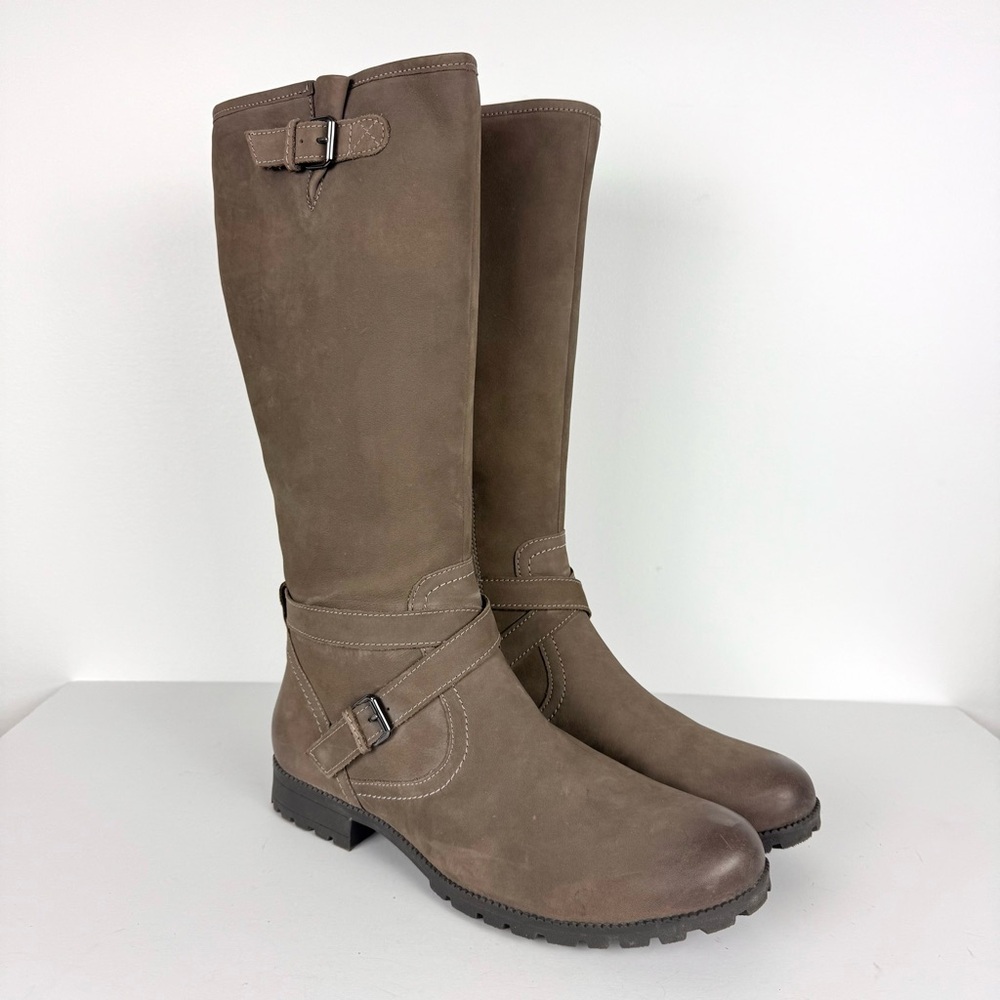 Hotter Belle Women’s Knee Length Boots Grey Waxed Nubuck Taupe Buckle US Size 11